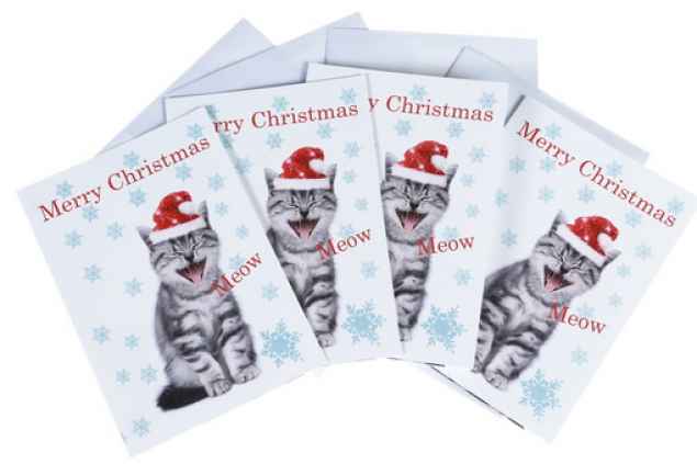 Vier Weihnachtskarten mit Katzenmotiv:"Meouw"